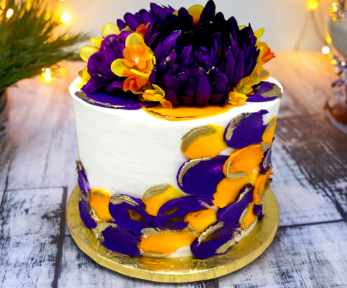 Purple and Gold Triple Layer Cake with Floral Topper!