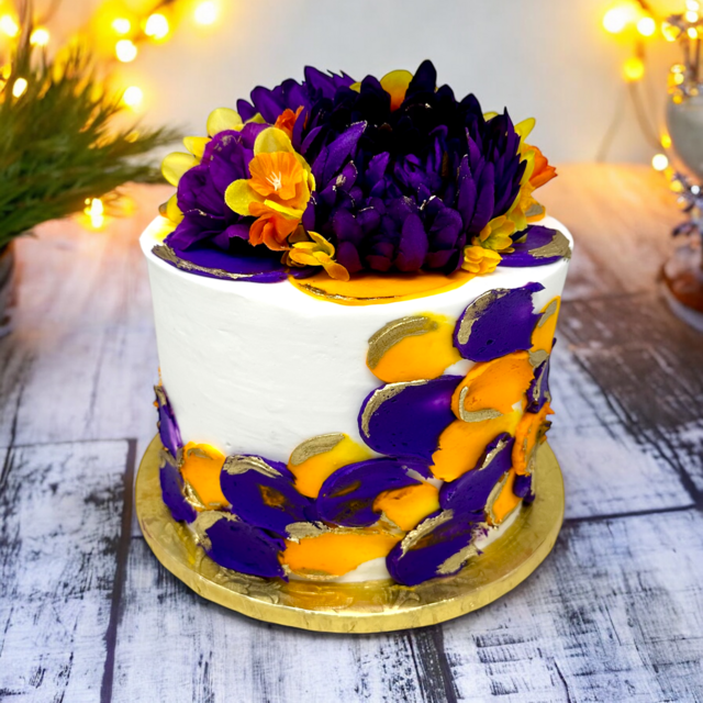 Purple and Gold Triple Layer Cake with Floral Topper!