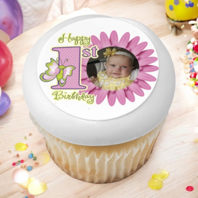 First Birthday Butterfly PhotoCake® Edible Image® Cupcake Frame (12 Cupcakes)